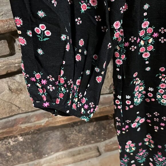 Ann Taylor Microfloral Black Linen Blend Midi Dress - Picture 3 of 9